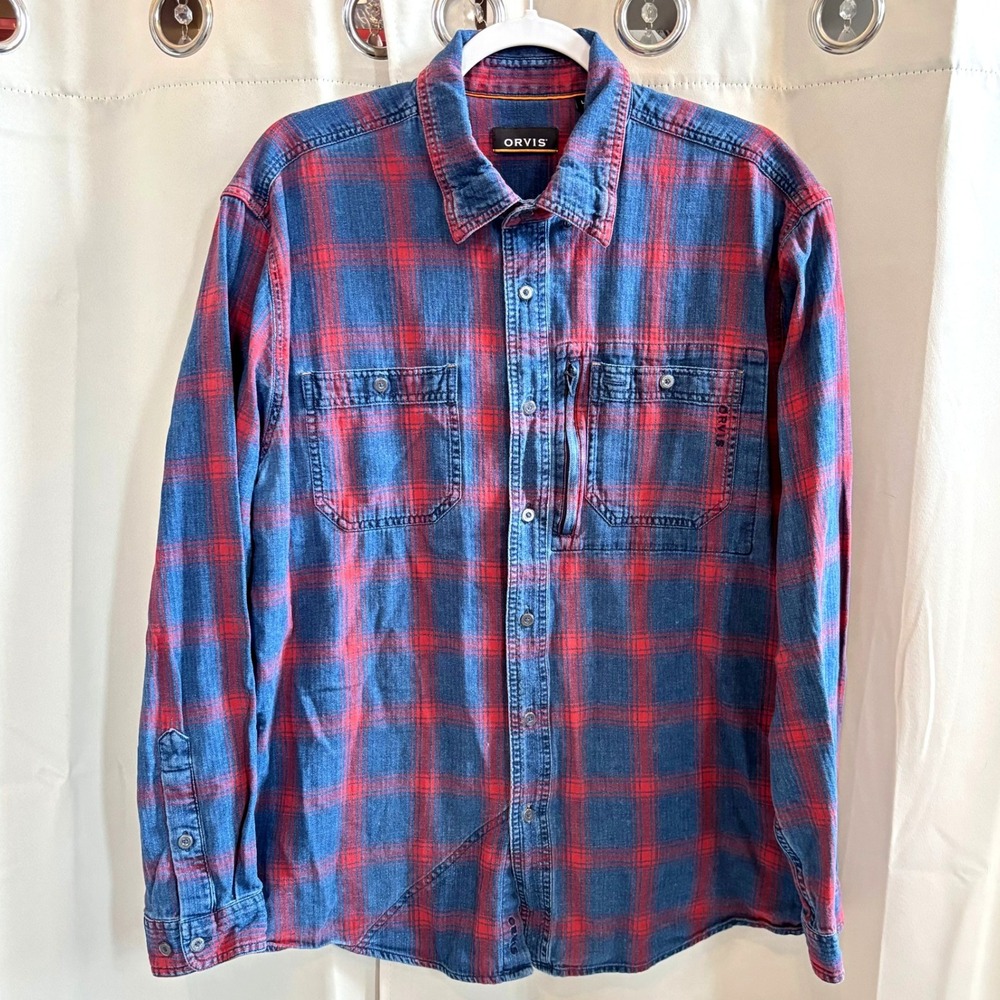 Orivis Mens Plaid Denim Long Sleeve Button Up Shirt Western Large Workwear 19583